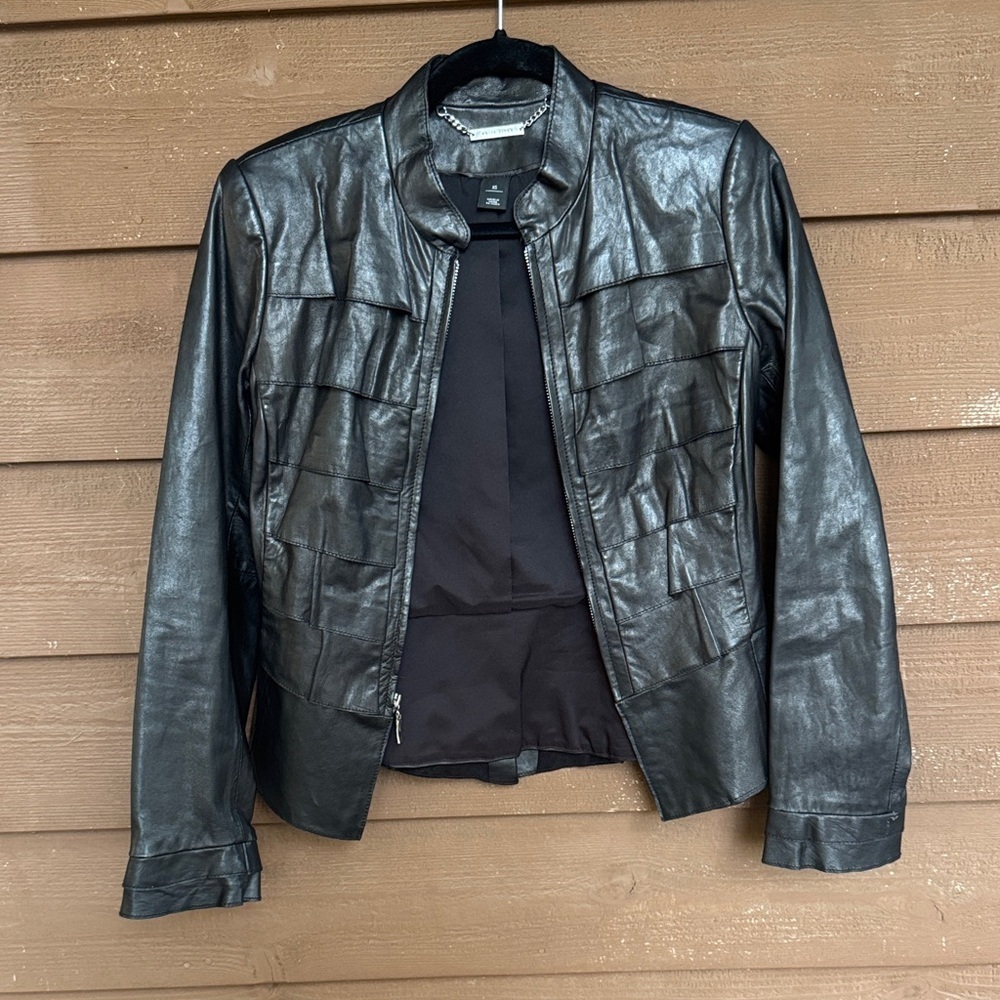 WHBM Black Leather Ruffled Peplum Jacket size XS